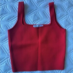 Zara Red Ribbed Square-Neck Crop Tank